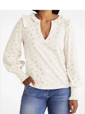 Boden 6 Collared Notch Neck Lightweight Cotton Blouse with Gold Polka Dots Med